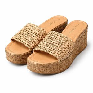 Mariella Italy Woven Raffia Platform Slide Sandals Cork Wedge Size 39 (US 8.5–9)